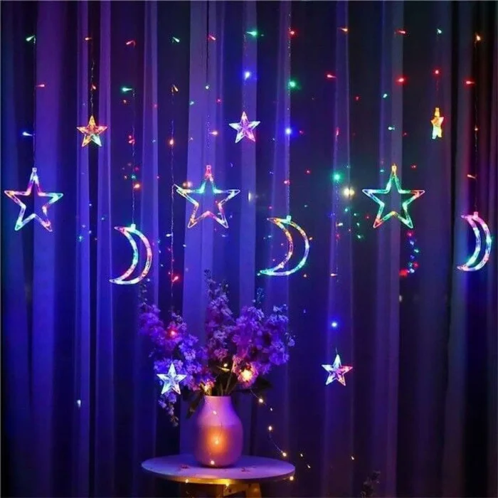 Star Moon String Lights Curtain Style Led Decor Light 8 Lighting Modes Waterproof Twinkle Fairy Light for Backyard Festivals (RGB)