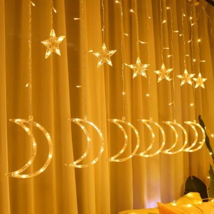 Toby’s New 138 Led Curtain String Light Star Moon Light with 8 Lighting Modes Operated for Window Wall Home Decoration (Warm White)