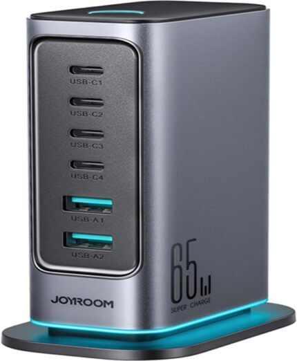 Joyroom JR‑TCM02 65 W GaN Multi‑Port Fast Charger Station with 4 USB‑C & 2 USB‑A Ports, 1.5 m Detachable Power Cable, PD & PPS Support, Dark Gray