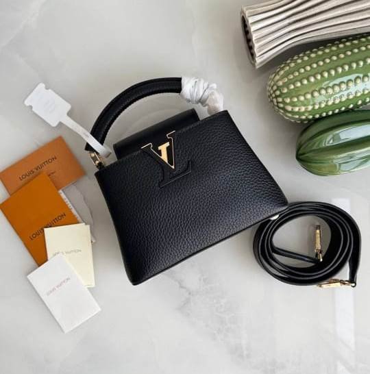 The black Louis Vuitton Capucine Mini bag features grained turrion leather and gold-tone metal details.